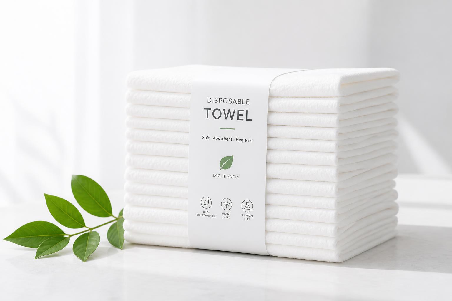 Stack of folded white disposable eco towels
